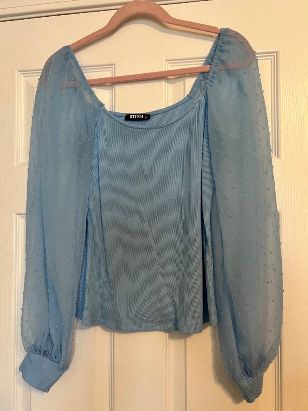 BTFBM Women's Sky Blue Sheer Sleeve Ribbed Blouse
